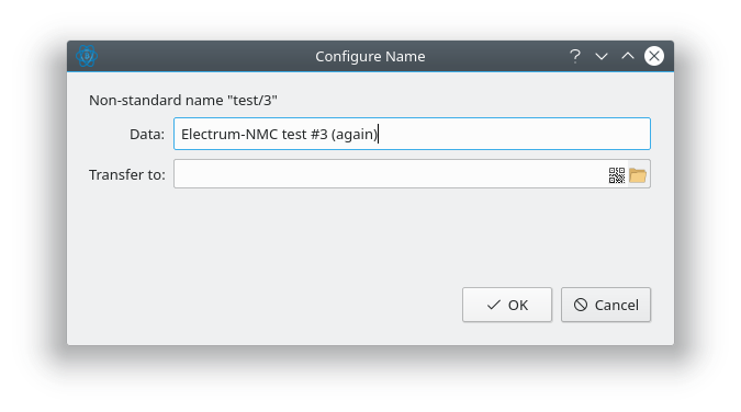 A screenshot of the "Configure Name" dialog in Electrum-NMC.