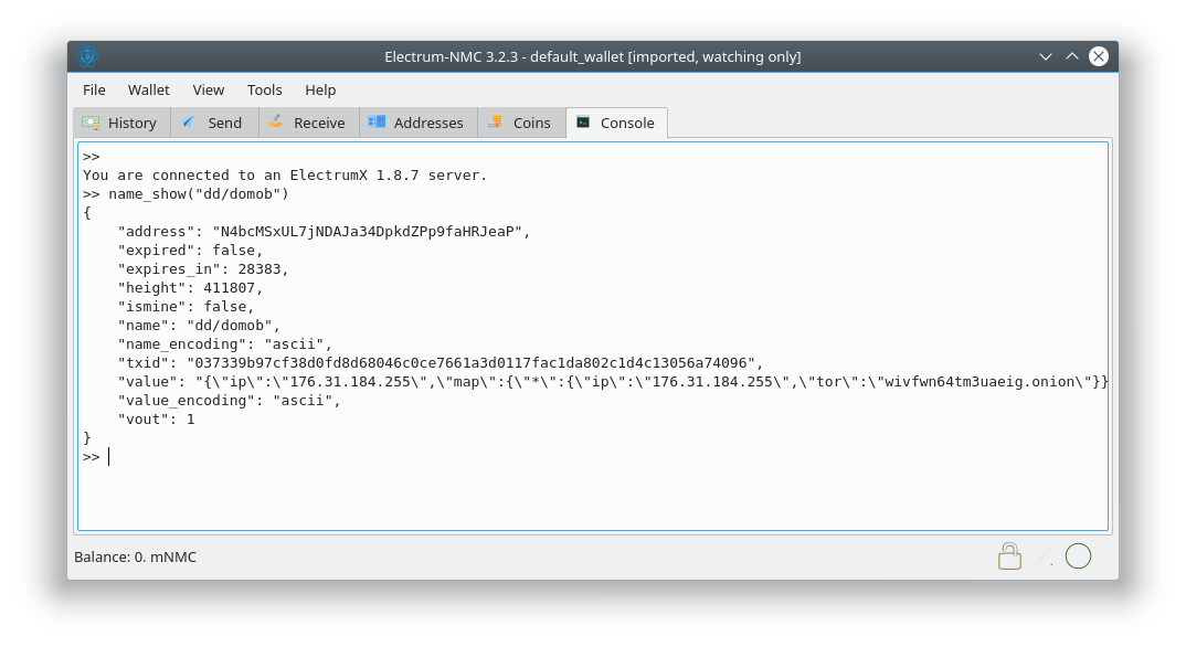 A screenshot of a name_show command's output in the Electrum-NMC Console tab.