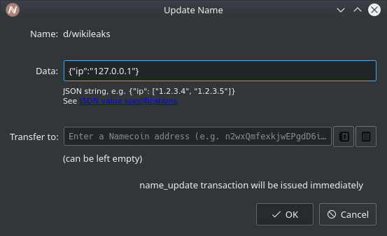 A screenshot of the Update Name dialog in Namecoin-Qt.