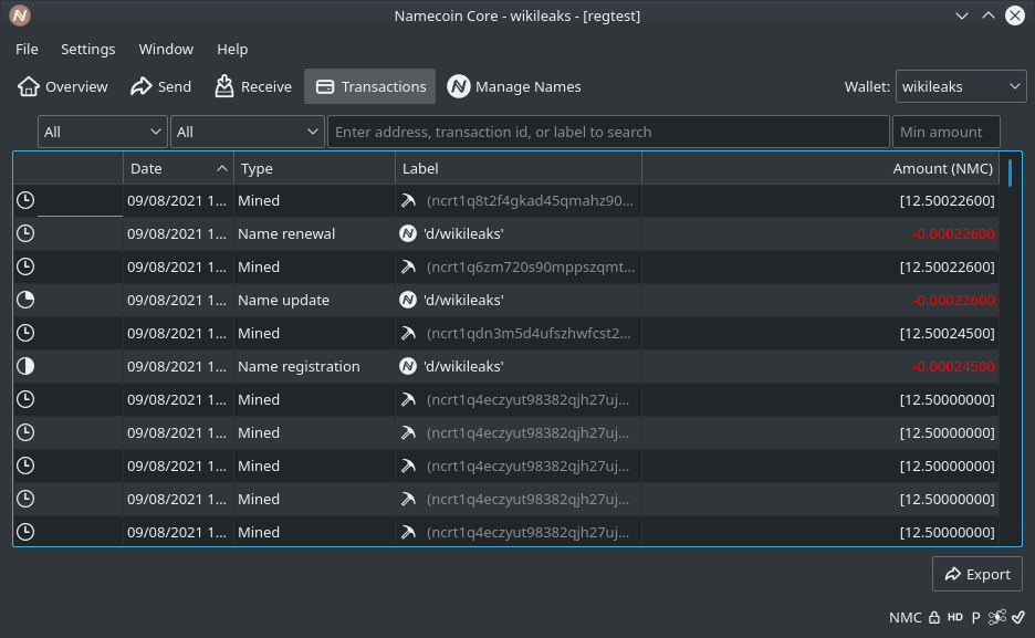 Another screenshot of the Transactions tab in Namecoin-Qt.